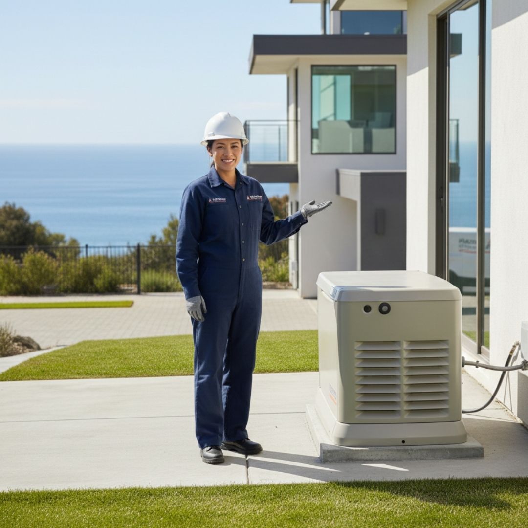 technician standing next to standby generator