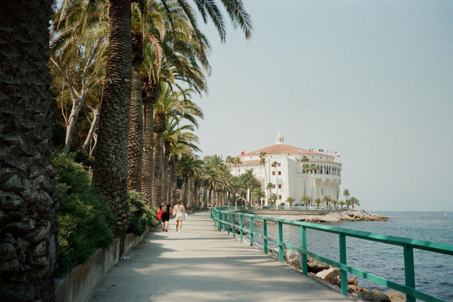 people walk on sidewalk along the California coastline