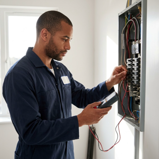 An electrical technician carefully inspects a detailed circuit breaker panel in a luxury home utility room.