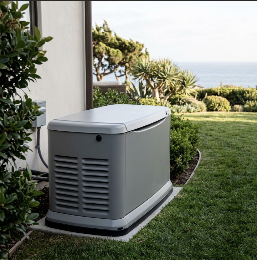 A commercial-grade liquid-cooled standby generator operates efficiently outside a luxury home in Pacific Palisades.