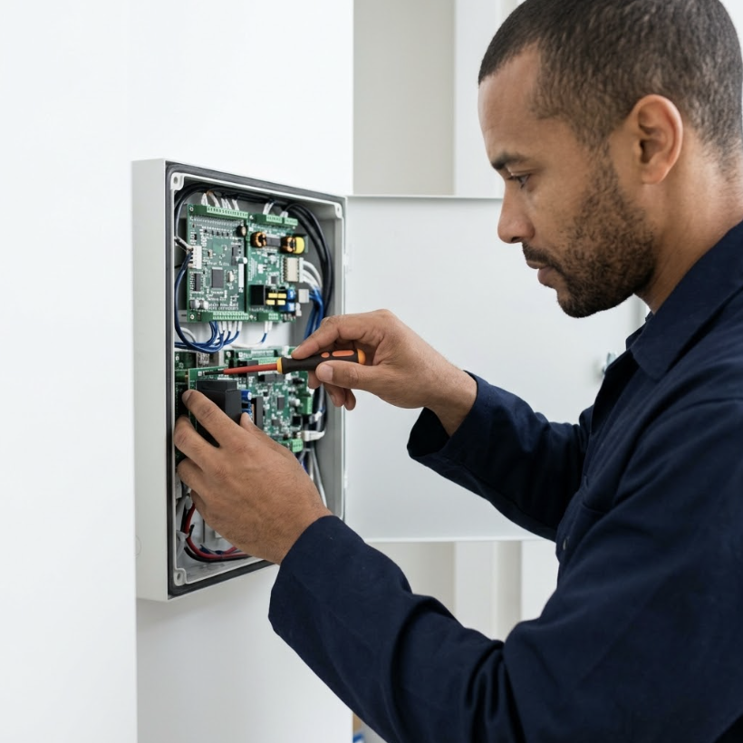 An electronics expert carefully integrates a voltage regulator module into a complex home automation control panel.