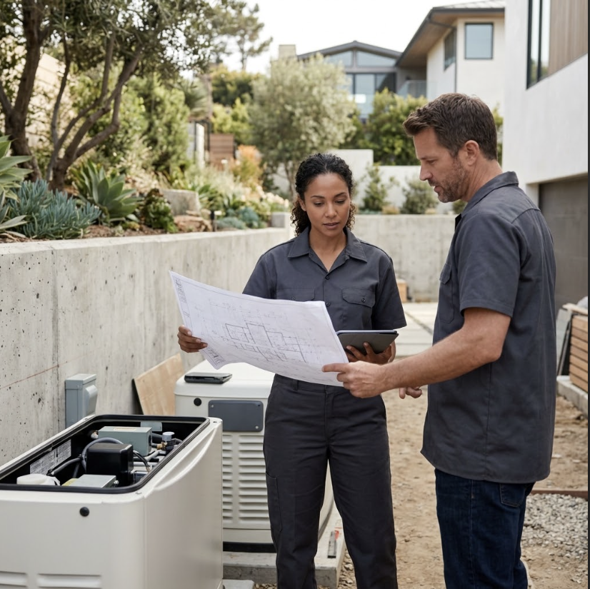 Two electrical technicians review structural site plans in front of an outdoor backup generator on a Pacific Palisades property.