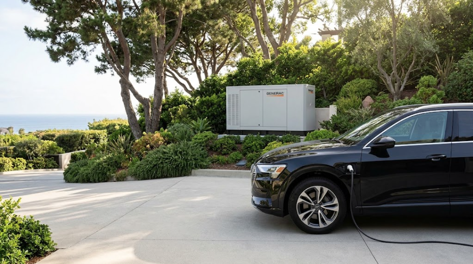 A Generac standby generator powers a luxury Pacific Palisades estate and an electric vehicle during a utility blackout.