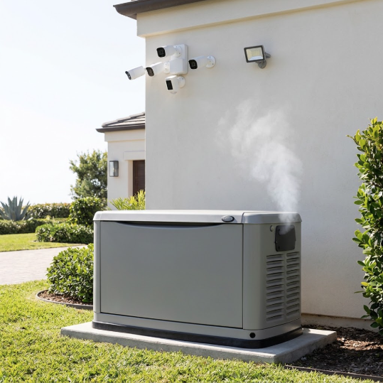 An operating standby generator powers an active security camera system on a residential property.