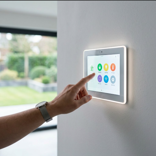 A modern wall-mounted smart home touchscreen panel remains active, managing automated residential systems.