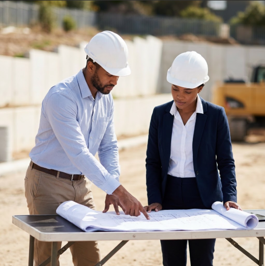 Installation professionals review complex municipal blueprints together on a sunlit residential site.