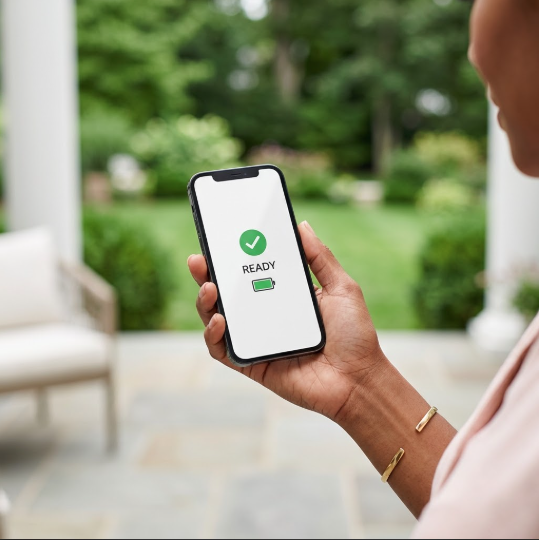 A hand holds a smartphone displaying a green remote status check screen for an outdoor standby generator.