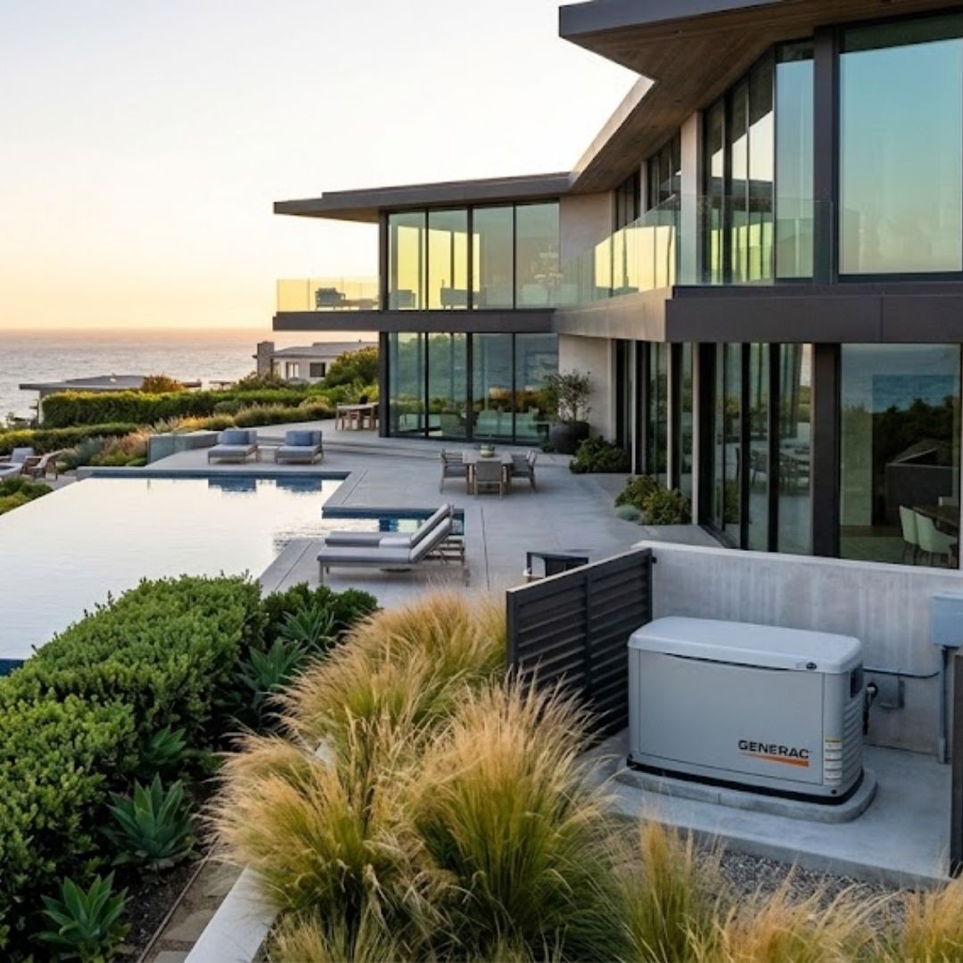 luxurious modern estate in Malibu overlooking the ocean, featuring a discreetly placed Generac home standby generator