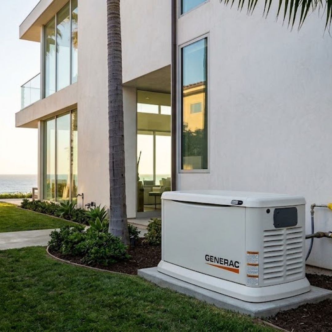 pristine Generac standby generator installed next to a beautiful Santa Monica home with coastal palm trees