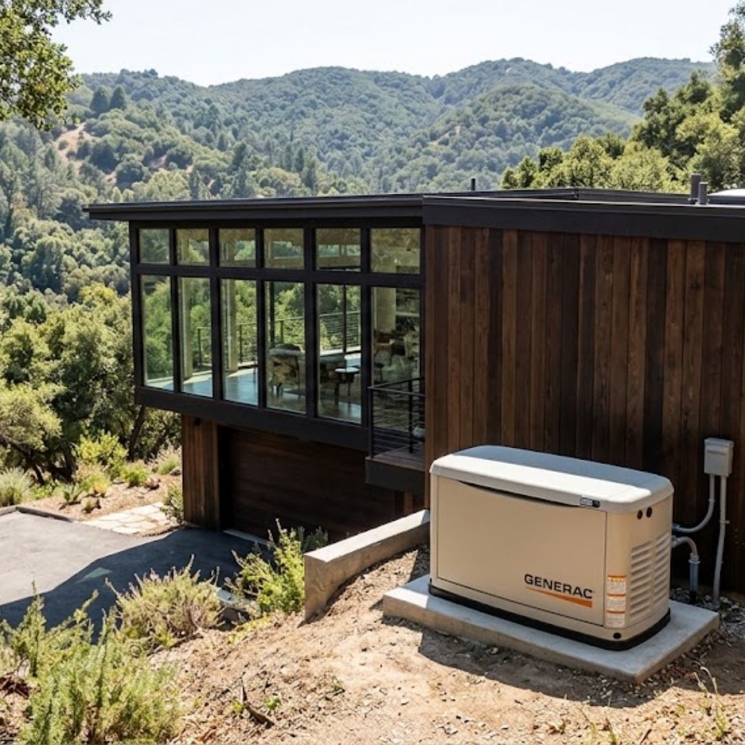 sleek Generac home standby generator installed securely outside a modern home nestled in the wooded hills of Topanga