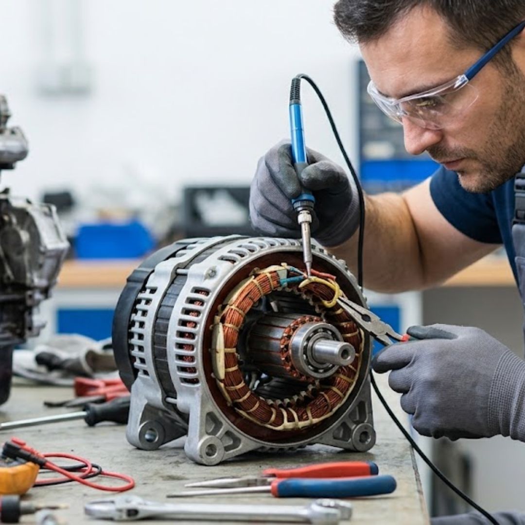 professional repairing a generator motor component with precision tools