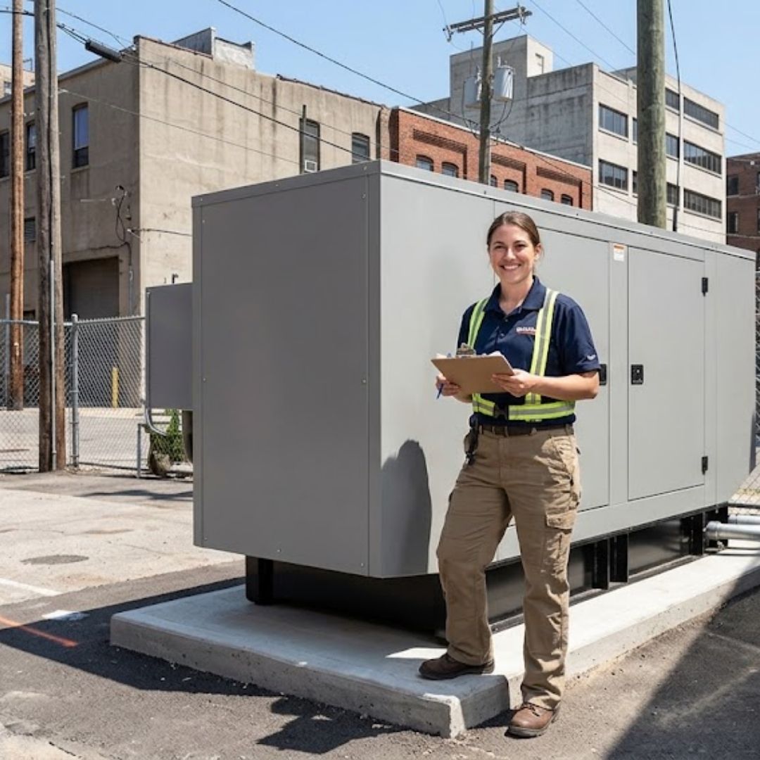 friendly technician holding a clipboard, standing in front of a recently installed commercial generator in an urban setting