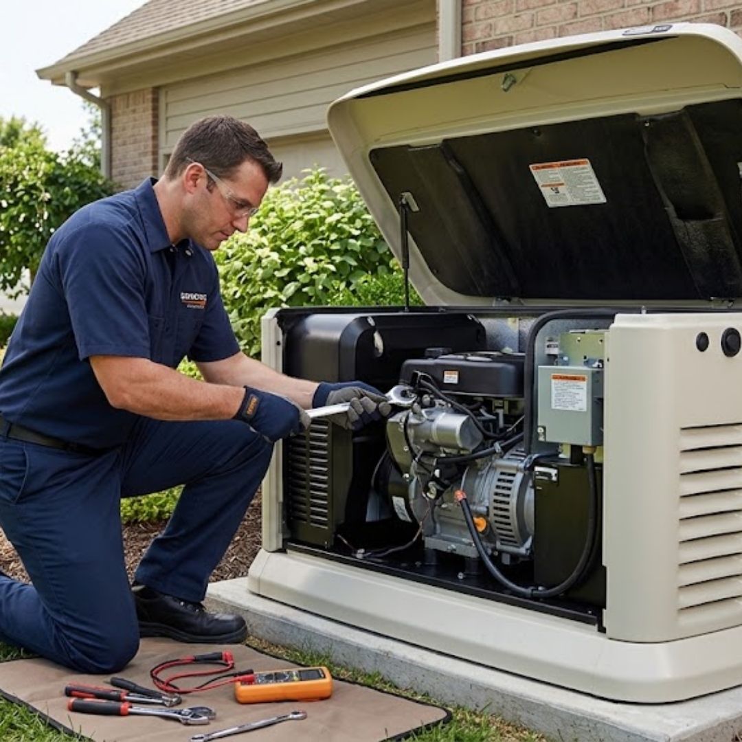 professional technician performing maintenance on a residential Generac generator