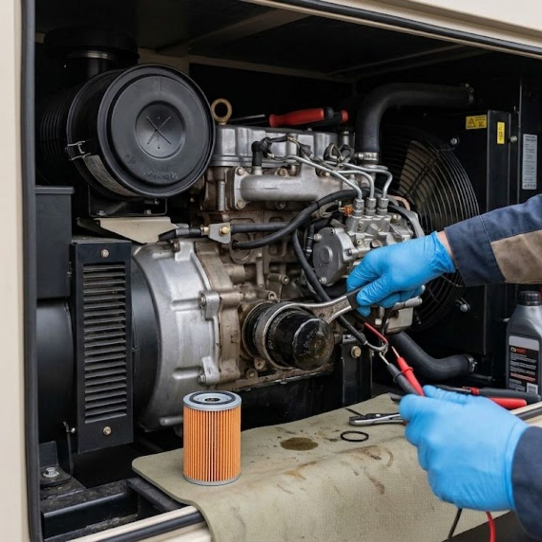 close-up shot of a technician changing the oil filter and checking the engine components of a standby generator