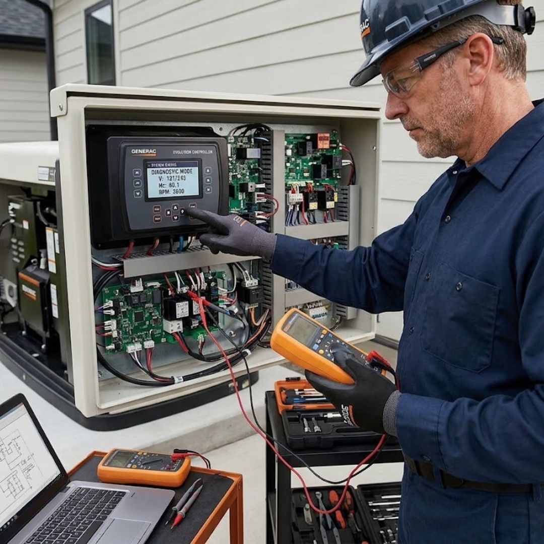 skilled electrical technician performing a diagnostic test on a generator's digital display panel