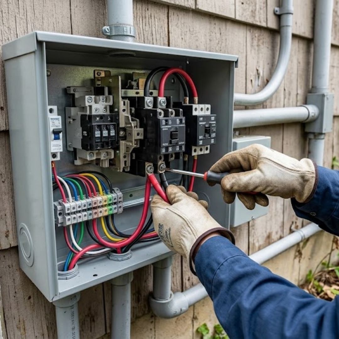 close-up of an automatic transfer switch mounted on an exterior wall with a technician securing a wire connection