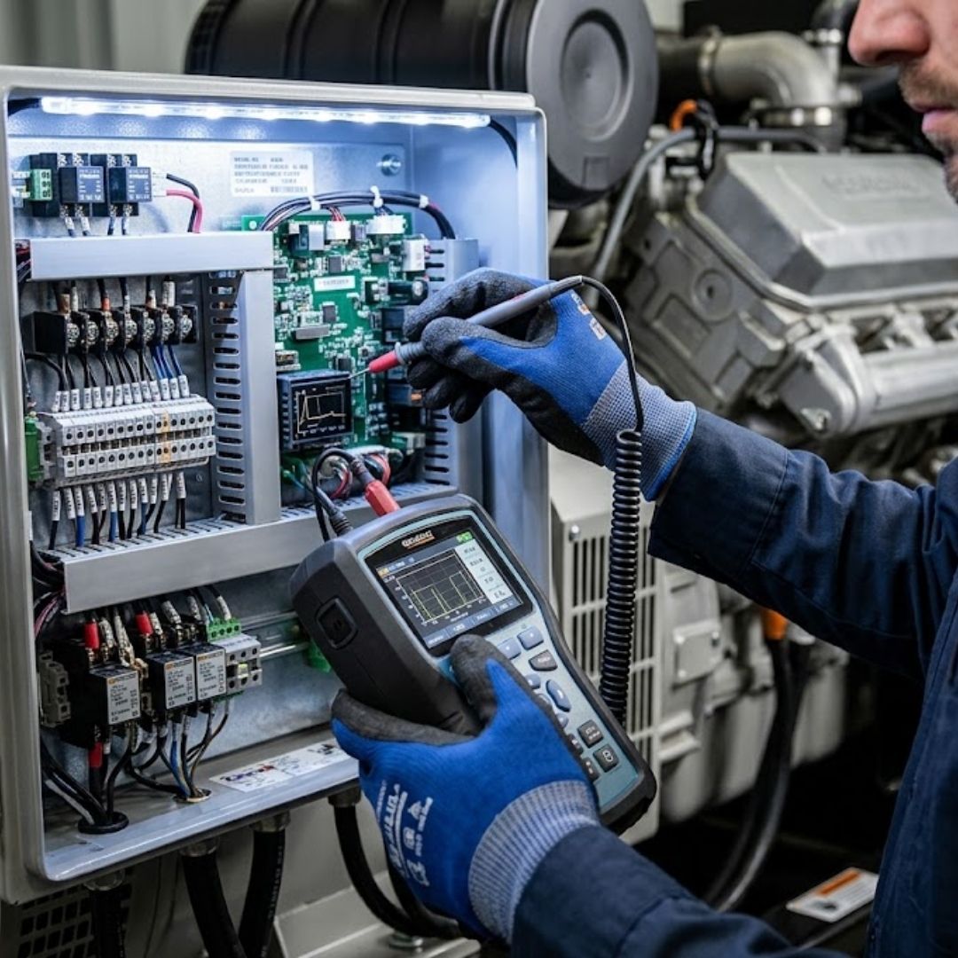 close-up shot of a technician’s hands using a digital diagnostic tool on an open generator control panel
