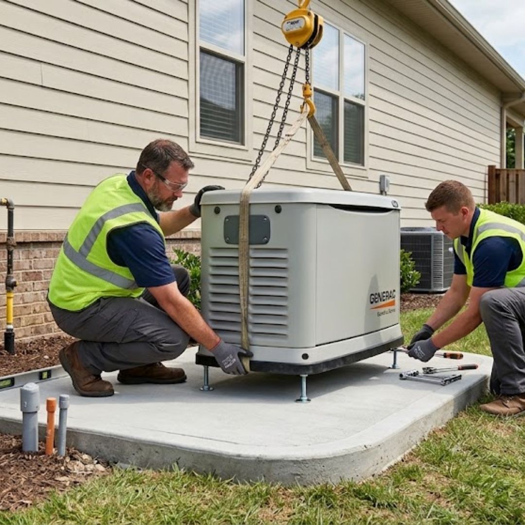 Two technicians working together to carefully install a new residential generator on a custom concrete pad