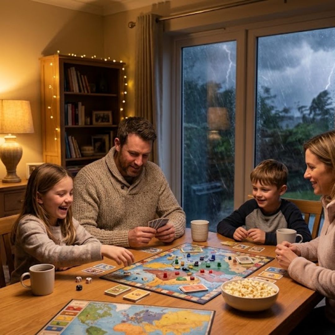 family enjoying a warmly lit home evening playing board games while a severe storm brews outside