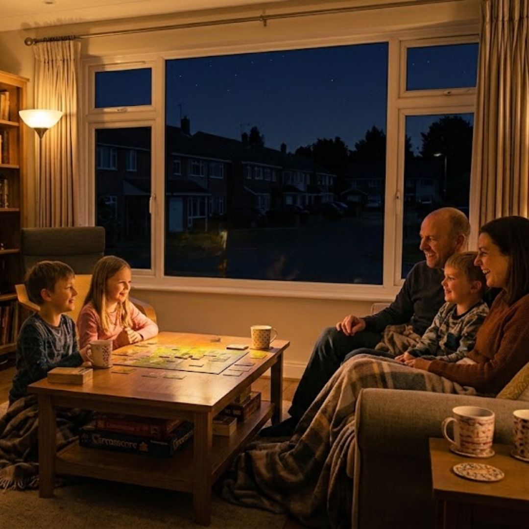 brightly lit living room during a nighttime power outage, with neighboring houses completely dark