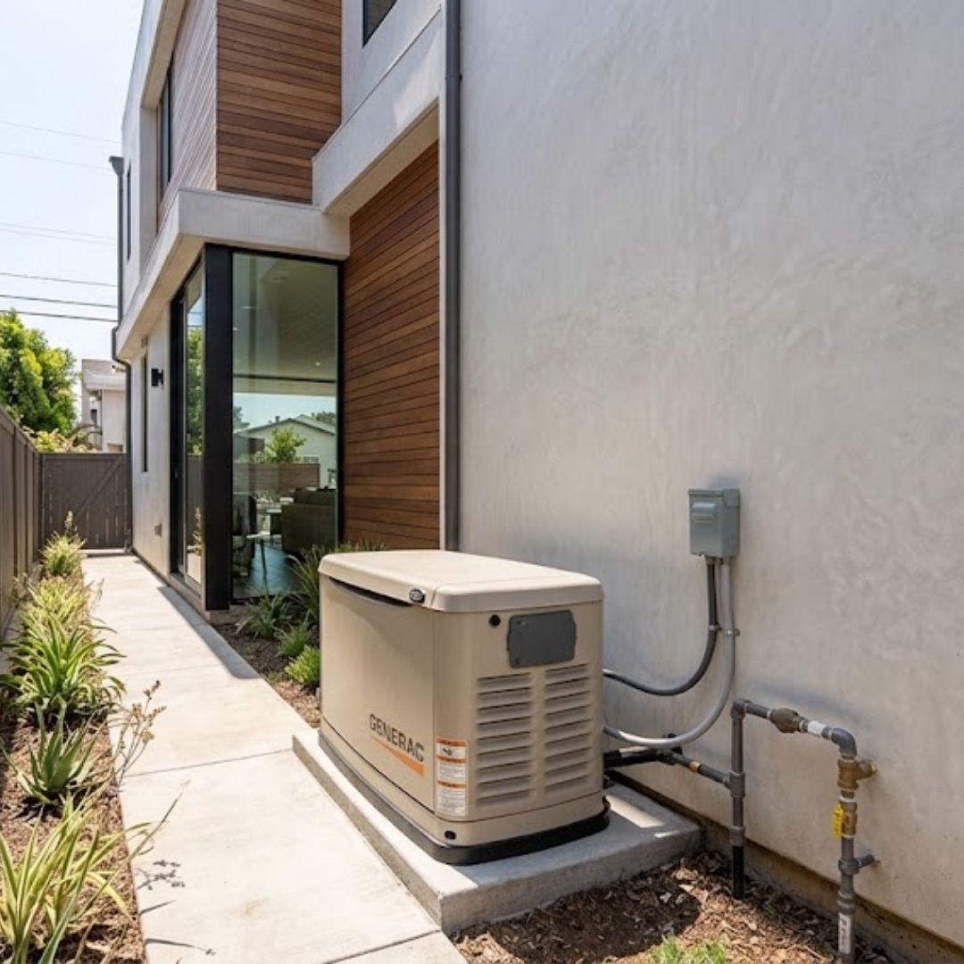 compact modern Generac standby generator cleanly installed in the narrow side yard of a contemporary Venice Beach home